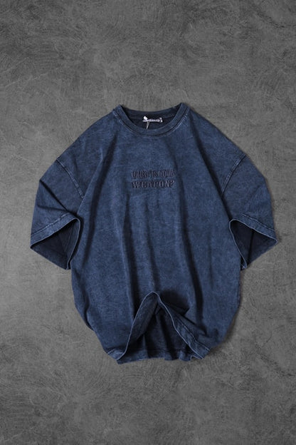 Men's Blue "What's Your Weapon?" Embroidered Custom Wash Oversize T-shirt