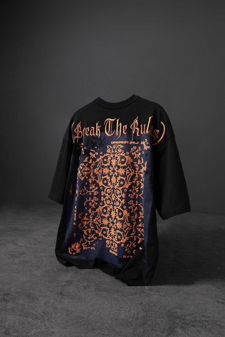 Men's Black Break The Rules Embossed Printed Embroidered Oversize T-shirt