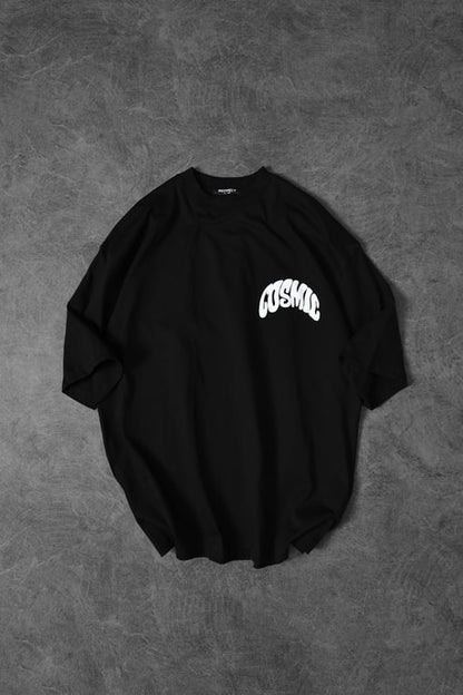 Men's Black Cosmic Embossed Printed Oversize T-shirt