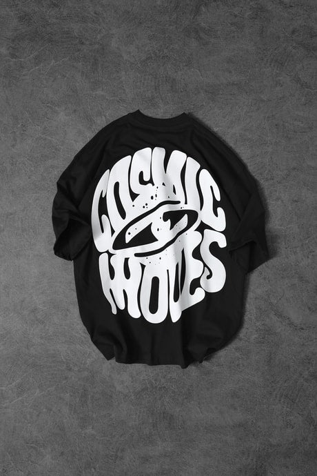 Men's Black Cosmic Embossed Printed Oversize T-shirt