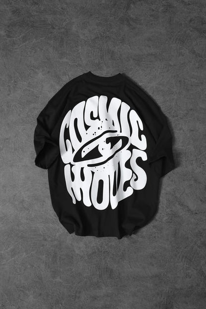 Men's Black Cosmic Embossed Printed Oversize T-shirt