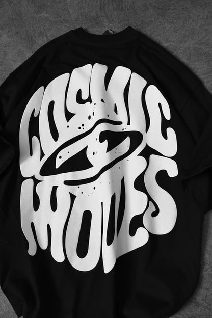 Men's Black Cosmic Embossed Printed Oversize T-shirt