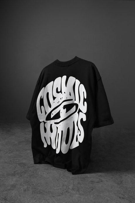 Men's Black Cosmic Embossed Printed Oversize T-shirt