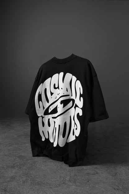 Men's Black Cosmic Embossed Printed Oversize T-shirt