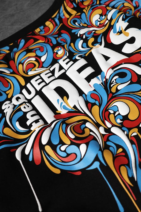 Men's Black IDEAS Collar Printed Oversize T-shirt