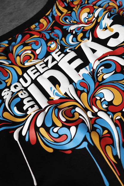 Men's Black IDEAS Collar Printed Oversize T-shirt