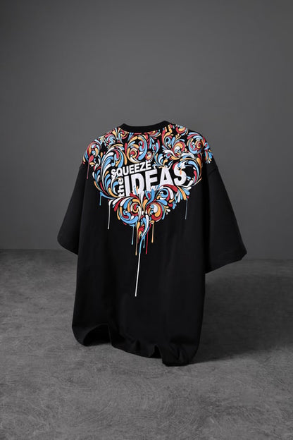 Men's Black IDEAS Collar Printed Oversize T-shirt