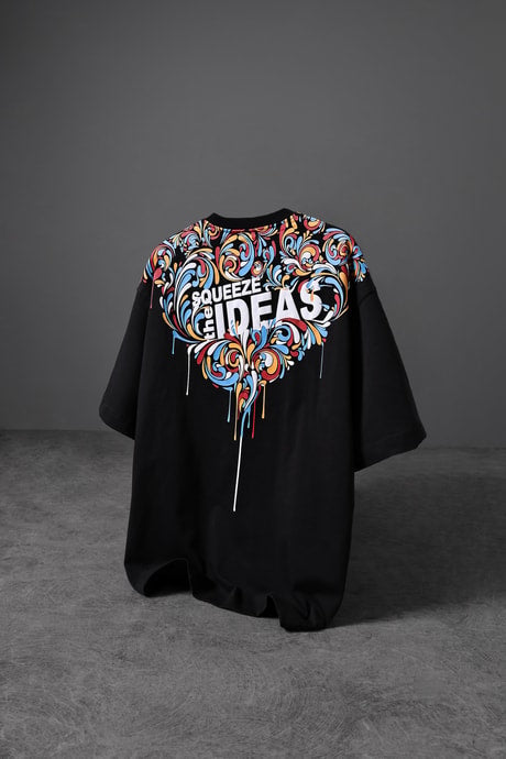 Men's Black IDEAS Collar Printed Oversize T-shirt