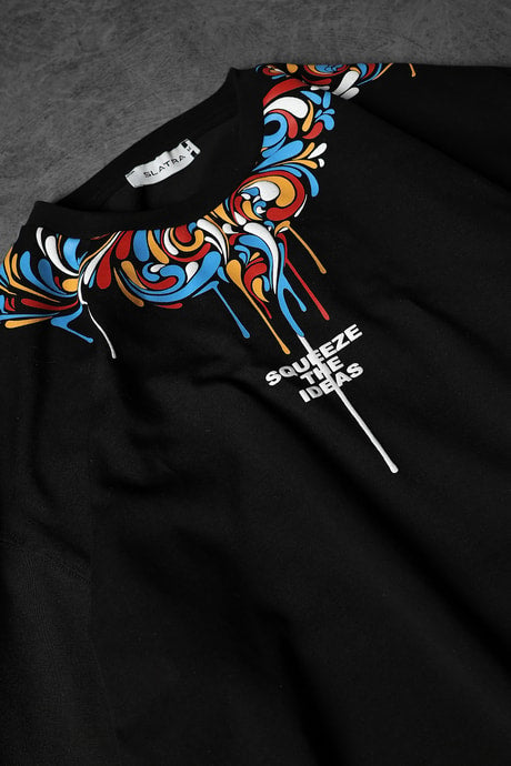 Men's Black IDEAS Collar Printed Oversize T-shirt