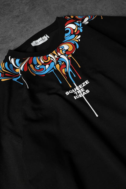 Men's Black IDEAS Collar Printed Oversize T-shirt