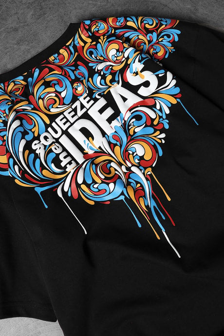 Men's Black IDEAS Collar Printed Oversize T-shirt