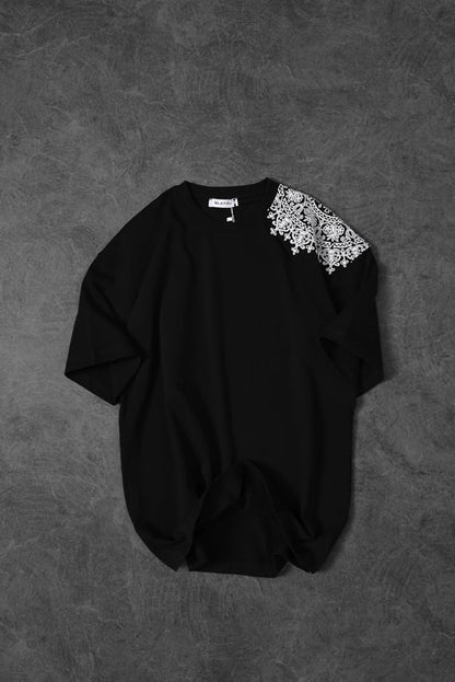 Men's Black Shoulder and Back Embroidered Oversize T-shirt
