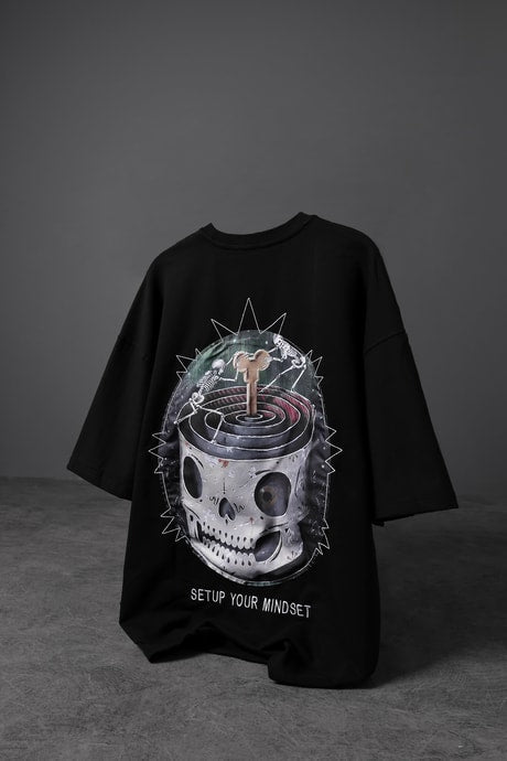 Men's Black Setup Your Mindset Printed Oversize T-shirt