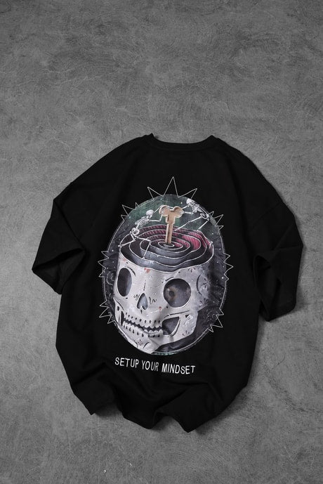 Men's Black Setup Your Mindset Printed Oversize T-shirt